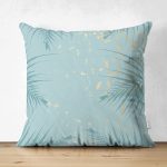 Çift Taraflı Mavi Zemin Yaprak Tasarım Desenli Dijital Baskılı Dekoratif Süet Yastık Kırlent Kılıfı Realhomes