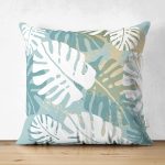 - Suet-K6770-Gorsel - Realhomes Çift Taraflı Mavi Zemin Yapraklı Tasarım Desenli Dijital Baskılı Dekoratif Süet Yastık Kırlent Kılıfı Realhomes