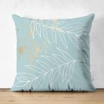 Çift Taraflı Mavi Simli Zemin Yapraklı Tasarım Desenli Dijital Baskılı Dekoratif Süet Yastık Kırlent Kılıfı Realhomes