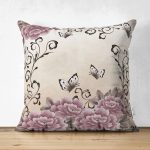 - Suet-K711-Gorsel - Realhomes Çift Taraflı Çiçek Ve Kelebek Temalı Özel Tasarım Dijital Baskılı Modern Süet Yastık Kırlent Kılıfı Realhomes