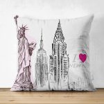 Çift Taraflı Özgürlük Anıtı New York Yazılı Dijital Baskılı Dekoratif Süet Yastık Kırlent Kılıfı Realhomes