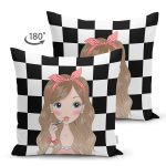 Çift Taraflı Dama Zeminli Fashion Girl Tasarımlı Dijital Baskılı Modern Süet Yastık Kırlent Kılıfı Realhomes