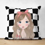 Çift Taraflı Dama Zeminli Fashion Girl Tasarımlı Dijital Baskılı Modern Süet Yastık Kırlent Kılıfı Realhomes