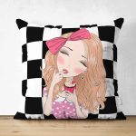 Çift Taraflı Dama Zeminli Pancakeli Kız Desenli Dijital Baskılı Modern Süet Yastık Kırlent Kılıfı Realhomes