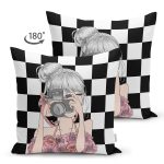 Çift Taraflı Dama Zeminli & Fotoğraf Çeken Kız Tasarımlı Dijital Baskılı Dekoratif Süet Yastık Kırlent Kılıfı Realhomes