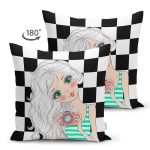 Çift Taraflı Dama Zeminli Fotoğraf Çeken Kız Tasarımlı Dijital Baskılı Modern Süet Yastık Kırlent Kılıfı Realhomes