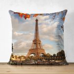- Suet-K96-Gorsel - Realhomes Çift Taraflı Eyfel Kulesi Sonbahar Temalı Dijital Baskılı Dekoratif Süet Yastık Kırlent Kılıfı Realhomes