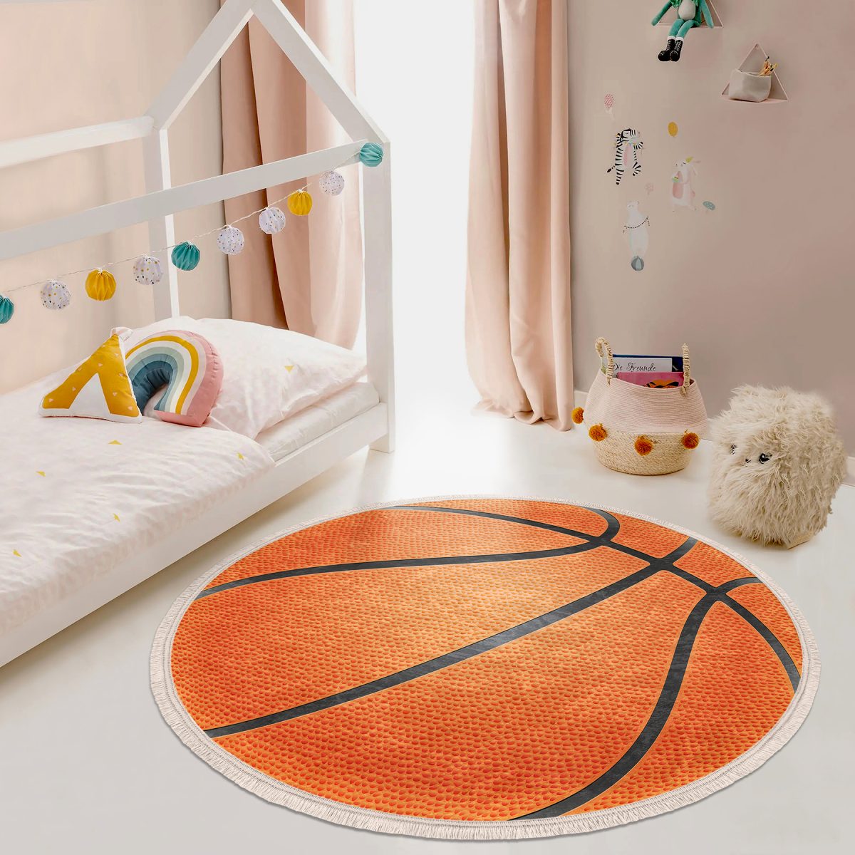 Basketbol Oyun Toplu Tasarımlı Çocuk & Genç Odası Makinede Yıkanabilir Kaymaz Tabanlı Püsküllü Yuvarlak Çocuk Halısı Realhomes