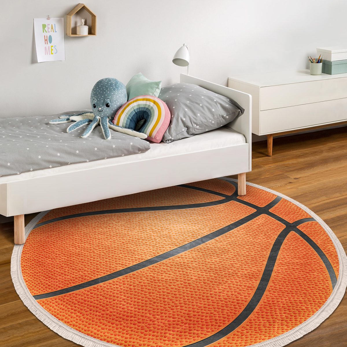 Basketbol Oyun Toplu Tasarımlı Çocuk & Genç Odası Makinede Yıkanabilir Kaymaz Tabanlı Püsküllü Yuvarlak Çocuk Halısı Realhomes