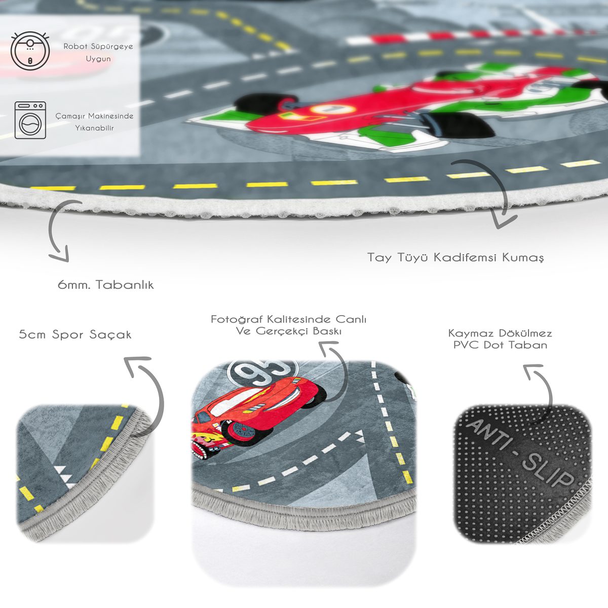 Yarış Arabaları Oyun Yolu Tasarımlı Çocuk & Genç Odası Makinede Yıkanabilir Kaymaz Tabanlı Püsküllü Yuvarlak Çocuk Oyun Halısı Realhomes