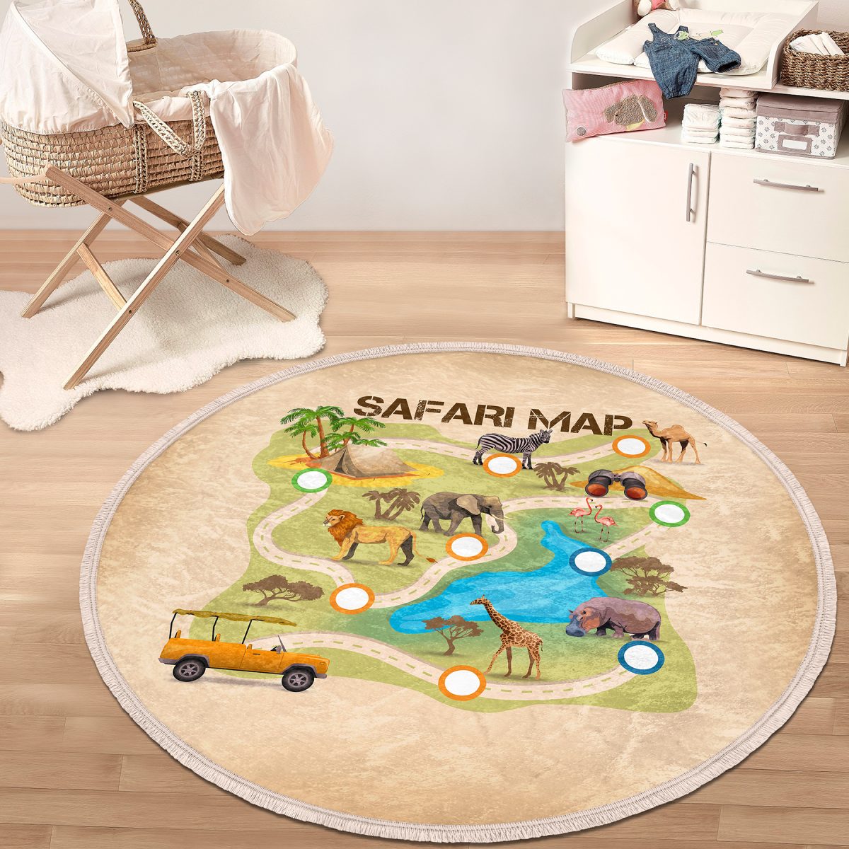 Safari Haritası Hayvanlar Tasarımlı Çocuk & Genç Odası Makinede Yıkanabilir Kaymaz Tabanlı Püsküllü Yuvarlak Çocuk Oyun Halısı Realhomes