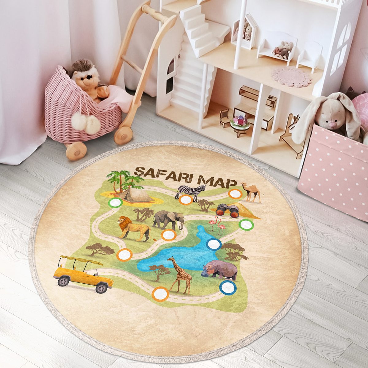 Safari Haritası Hayvanlar Tasarımlı Çocuk & Genç Odası Makinede Yıkanabilir Kaymaz Tabanlı Püsküllü Yuvarlak Çocuk Oyun Halısı Realhomes