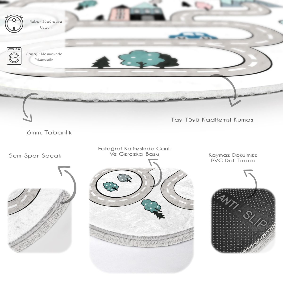 Araba Yollu Eğitici Tasarım Çocuk & Genç Odası Makinede Yıkanabilir Kaymaz Tabanlı Püsküllü Yuvarlak Çocuk Oyun Halısı Realhomes