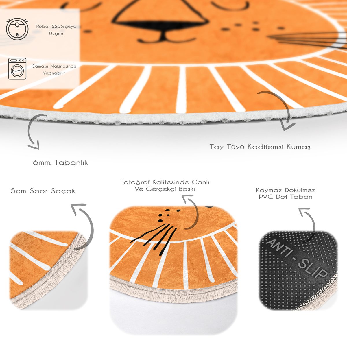 Turuncu Aslan Tasarımlı Çocuk & Genç Odası Makinede Yıkanabilir Kaymaz Tabanlı Püsküllü Yuvarlak Çocuk Halısı Realhomes