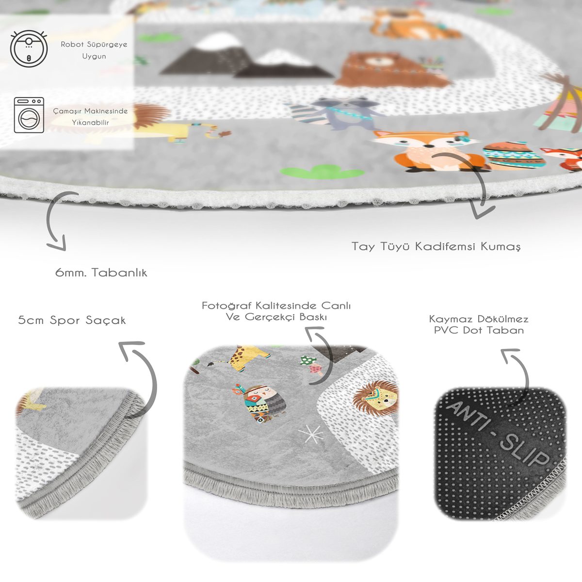 Renkli Hayvanlar Eğitici Yol Tasarımlı Çocuk & Genç Odası Makinede Yıkanabilir Kaymaz Tabanlı Püsküllü Yuvarlak Çocuk Oyun Halısı Realhomes