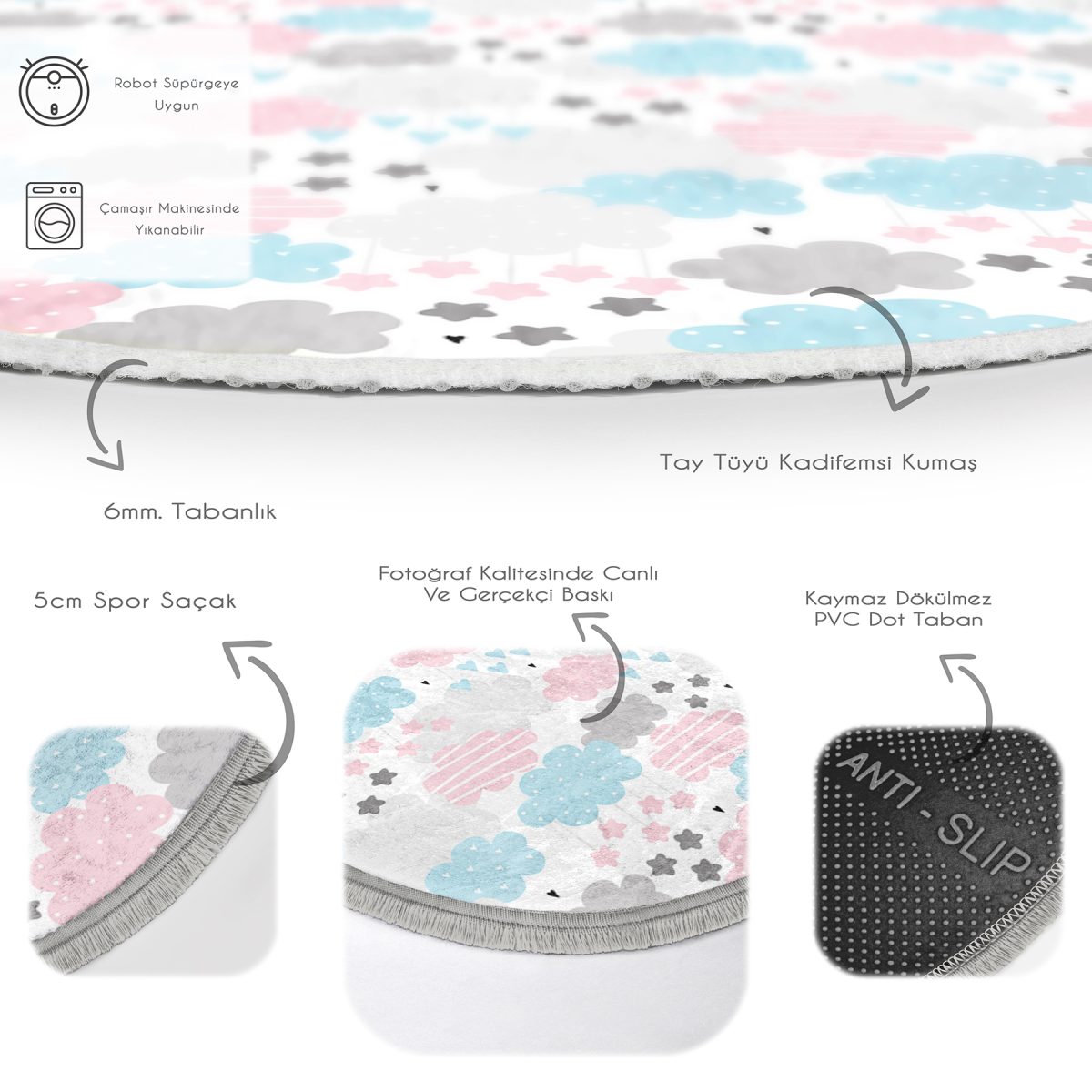Renkli Bulutlar Tasarımlı Çocuk & Genç Odası Makinede Yıkanabilir Kaymaz Tabanlı Püsküllü Yuvarlak Çocuk Halısı Realhomes