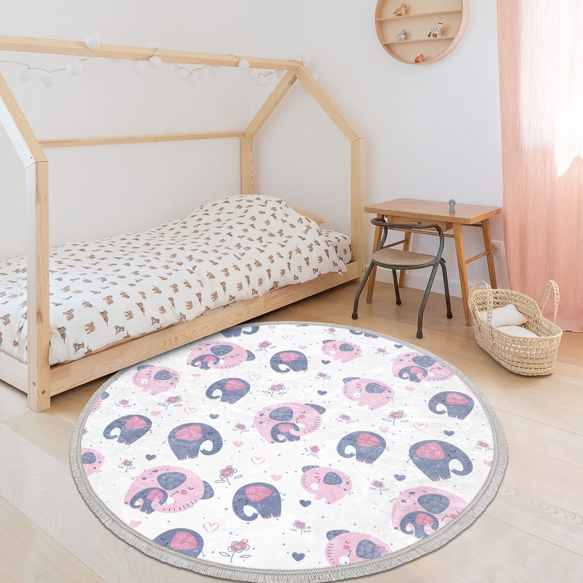 Pembe Fil Motifli Çocuk & Genç Odası Makinede Yıkanabilir Kaymaz Tabanlı Püsküllü Yuvarlak Çocuk Halısı Realhomes