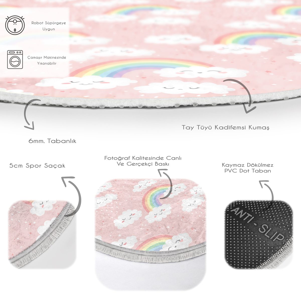 Gökkuşağı Ve Bulut Motifli Çocuk & Genç Odası Makinede Yıkanabilir Kaymaz Tabanlı Püsküllü Yuvarlak Çocuk Halısı Realhomes