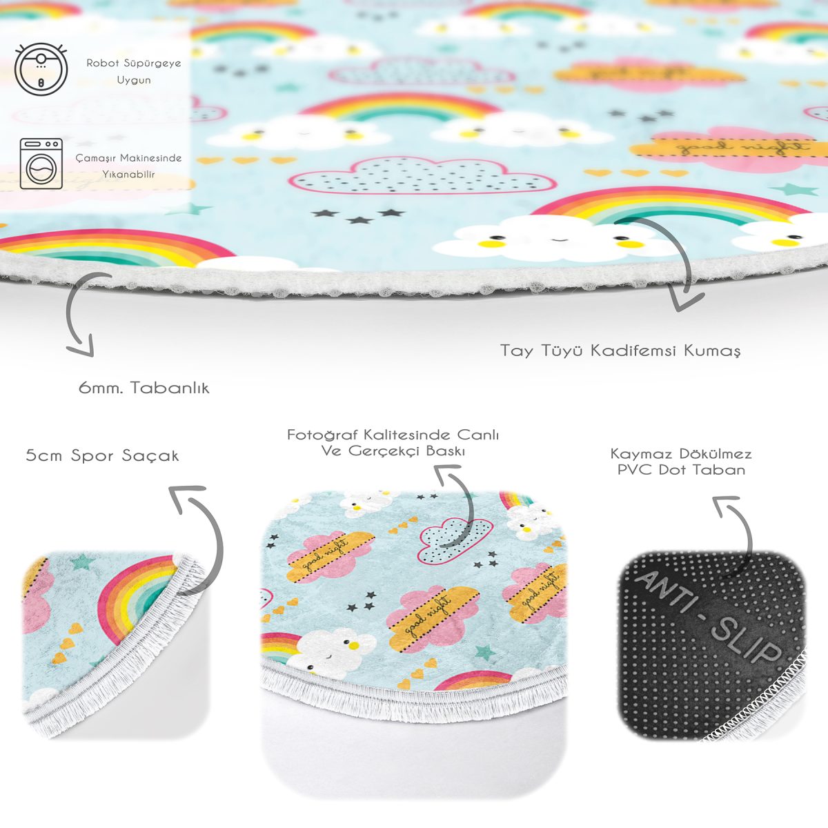 Mavi Zeminde Gökkuşağı Ve Bulut Desenli Çocuk & Genç Odası Makinede Yıkanabilir Kaymaz Tabanlı Püsküllü Yuvarlak Çocuk Halısı Realhomes
