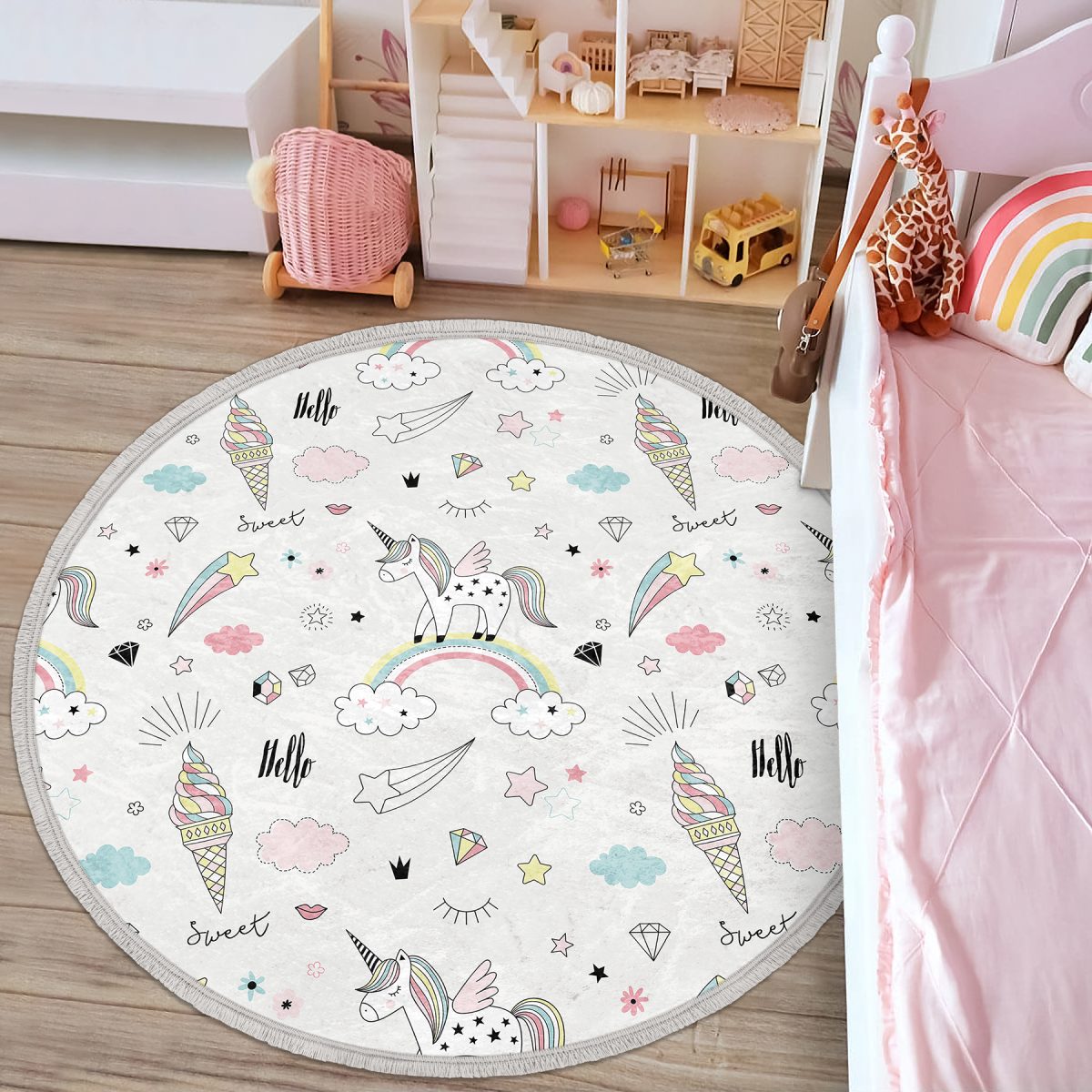 Gökkuşağı Bulut Ve Unicorn Desenli Çocuk & Genç Odası Makinede Yıkanabilir Kaymaz Tabanlı Püsküllü Yuvarlak Çocuk Halısı Realhomes