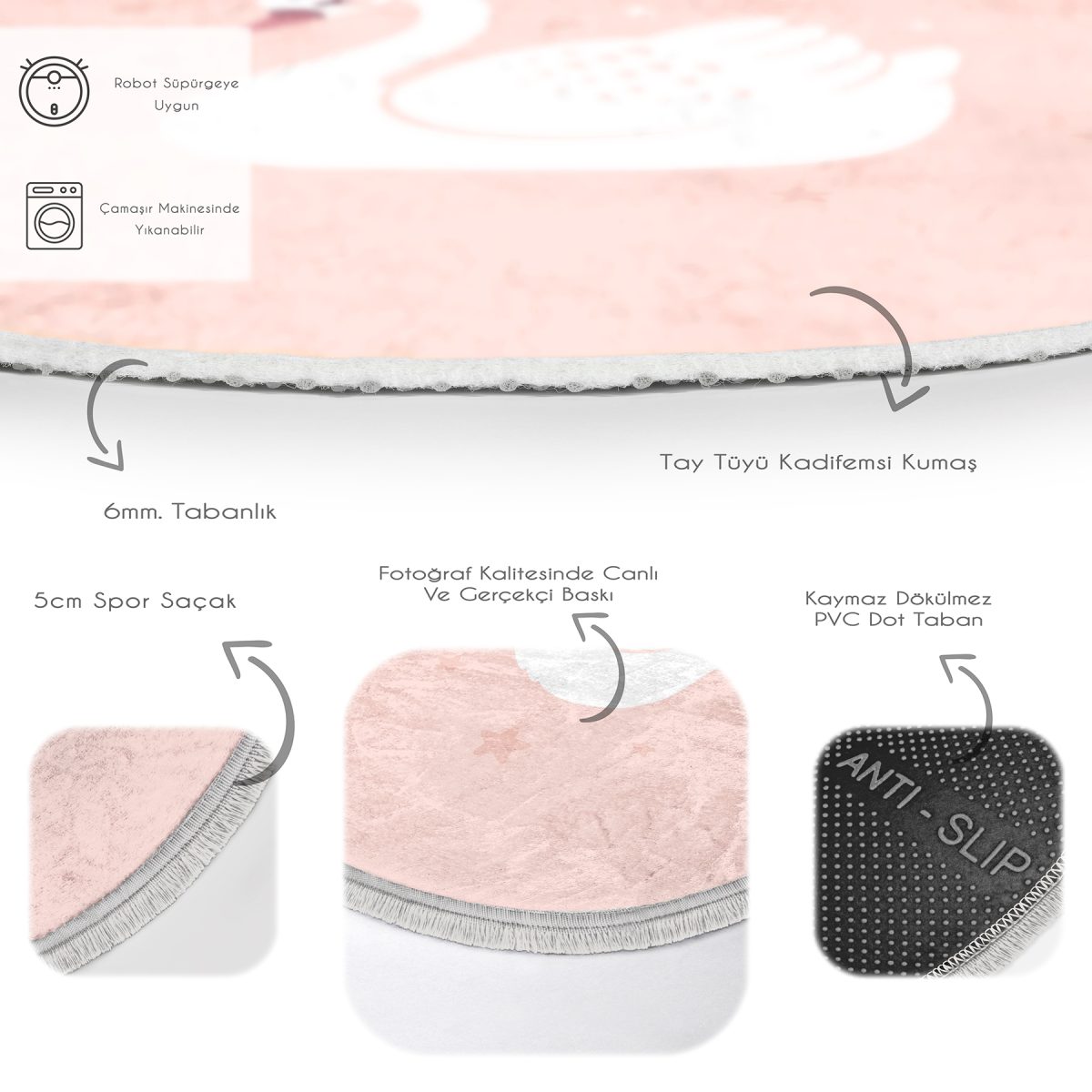 Pembe Zeminli Kuğu Desenli Çocuk & Genç Odası Makinede Yıkanabilir Kaymaz Tabanlı Püsküllü Yuvarlak Çocuk Halısı Realhomes