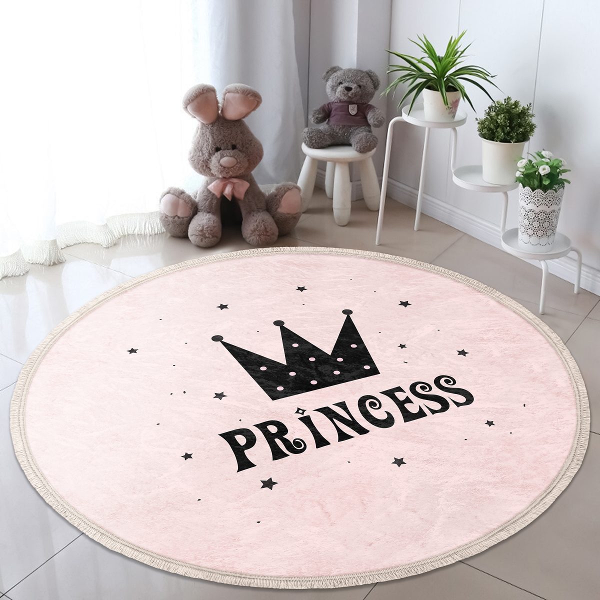 Pembe Zeminli Princess Yazılı Çocuk & Genç Odası Makinede Yıkanabilir Kaymaz Tabanlı Püsküllü Yuvarlak Çocuk Halısı Realhomes