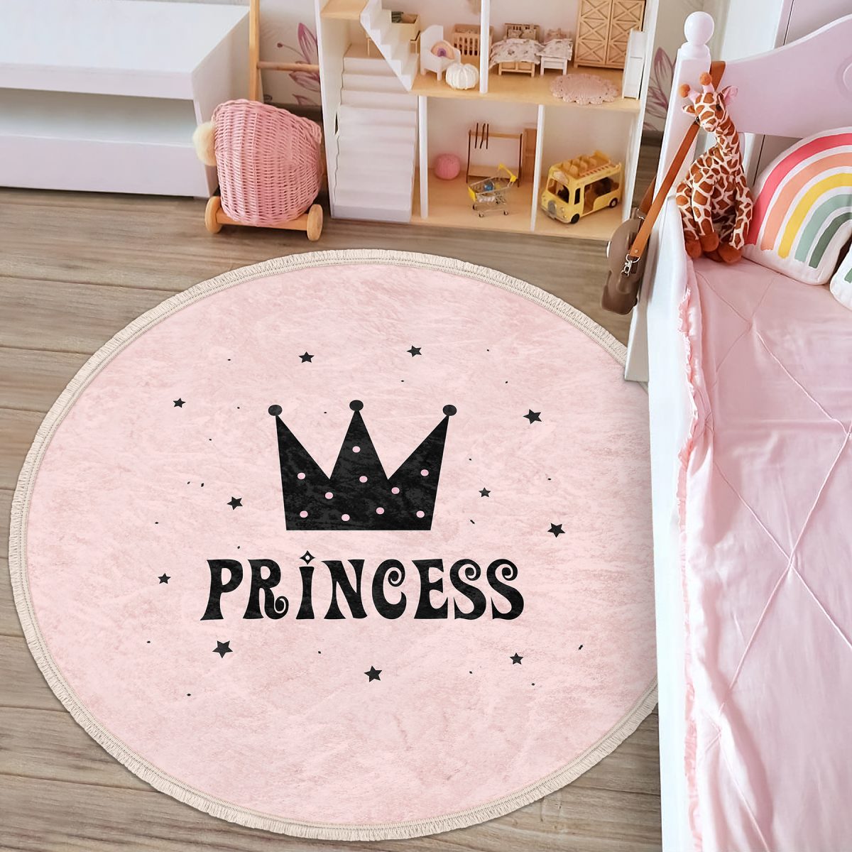 Pembe Zeminli Princess Yazılı Çocuk & Genç Odası Makinede Yıkanabilir Kaymaz Tabanlı Püsküllü Yuvarlak Çocuk Halısı Realhomes