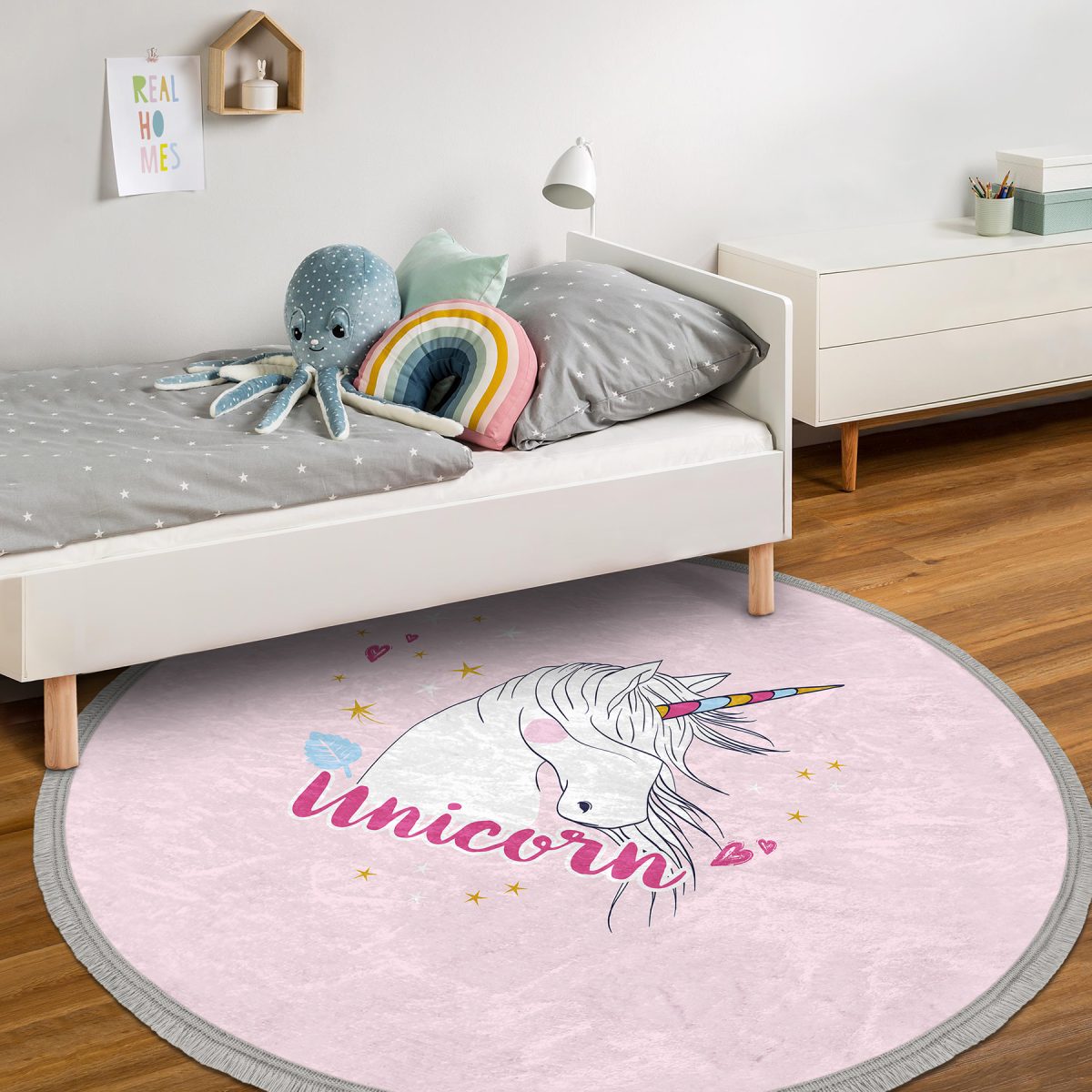 Pembe Zeminli Unicorn At Desenli Çocuk & Genç Odası Makinede Yıkanabilir Kaymaz Tabanlı Püsküllü Yuvarlak Çocuk Halısı Realhomes