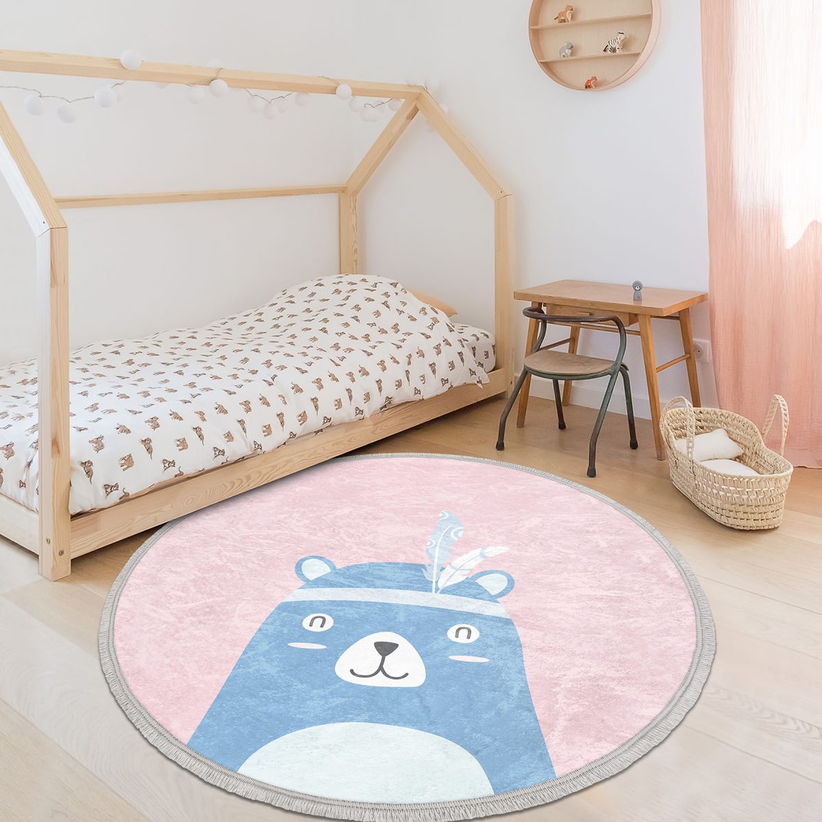 Pembe Zemin Baby Shower Yazılı Ayıcık Desenli Çocuk & Genç Odası Makinede Yıkanabilir Kaymaz Tabanlı Püsküllü Yuvarlak Çocuk Halısı Realhomes