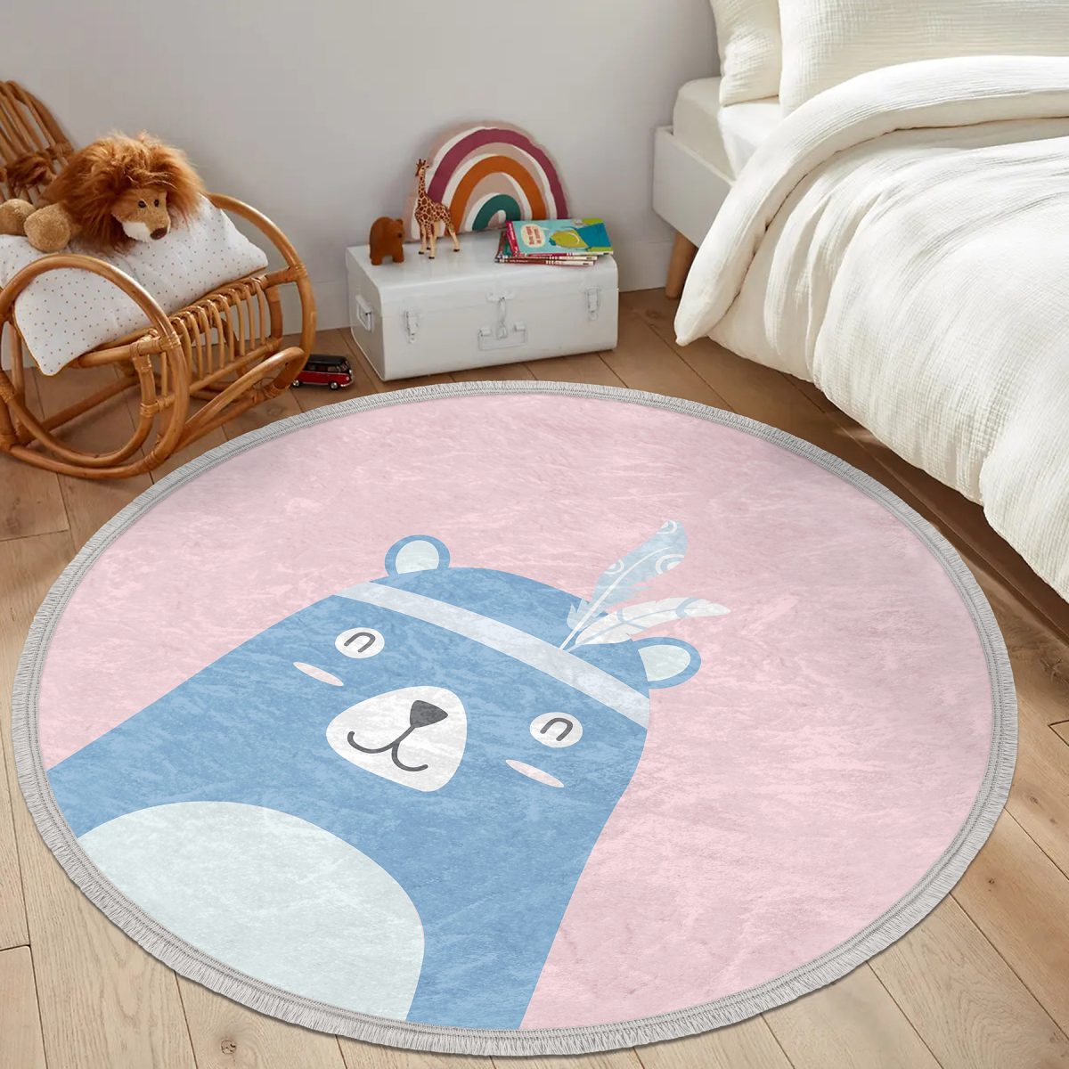 Pembe Zemin Baby Shower Yazılı Ayıcık Desenli Çocuk & Genç Odası Makinede Yıkanabilir Kaymaz Tabanlı Püsküllü Yuvarlak Çocuk Halısı Realhomes