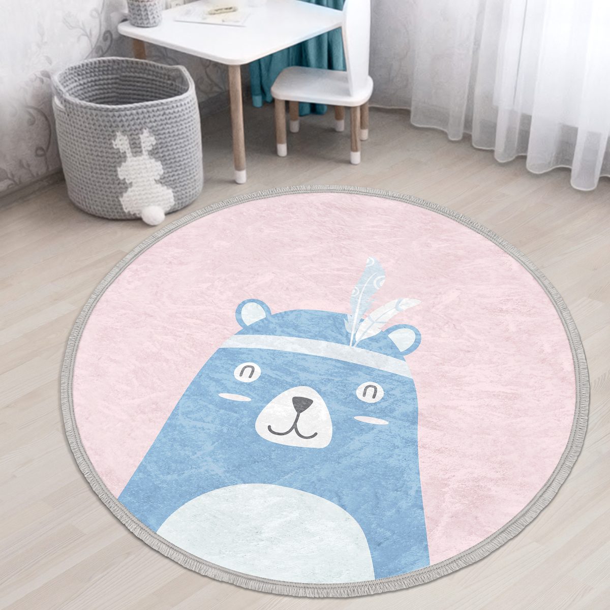 Pembe Zemin Baby Shower Yazılı Ayıcık Desenli Çocuk & Genç Odası Makinede Yıkanabilir Kaymaz Tabanlı Püsküllü Yuvarlak Çocuk Halısı Realhomes