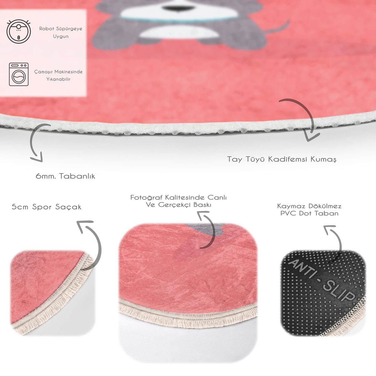 Köpek Desenli Çocuk & Genç Odası Makinede Yıkanabilir Kaymaz Tabanlı Püsküllü Yuvarlak Çocuk Halısı Realhomes