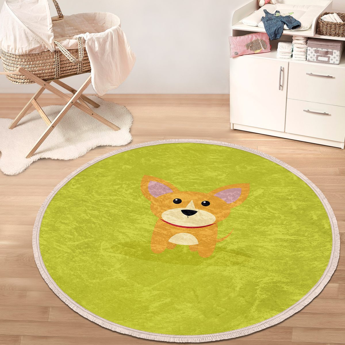 Köpek Desenli Çocuk & Genç Odası Makinede Yıkanabilir Kaymaz Tabanlı Püsküllü Yuvarlak Çocuk Halısı Realhomes