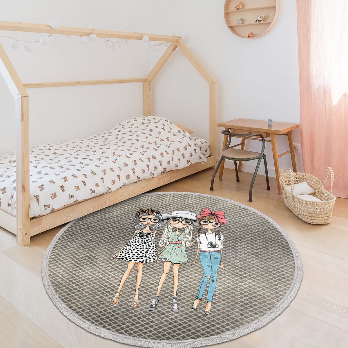 Fashion Girls Çocuk & Genç Odası Makinede Yıkanabilir Kaymaz Tabanlı Püsküllü Yuvarlak Çocuk Halısı Realhomes