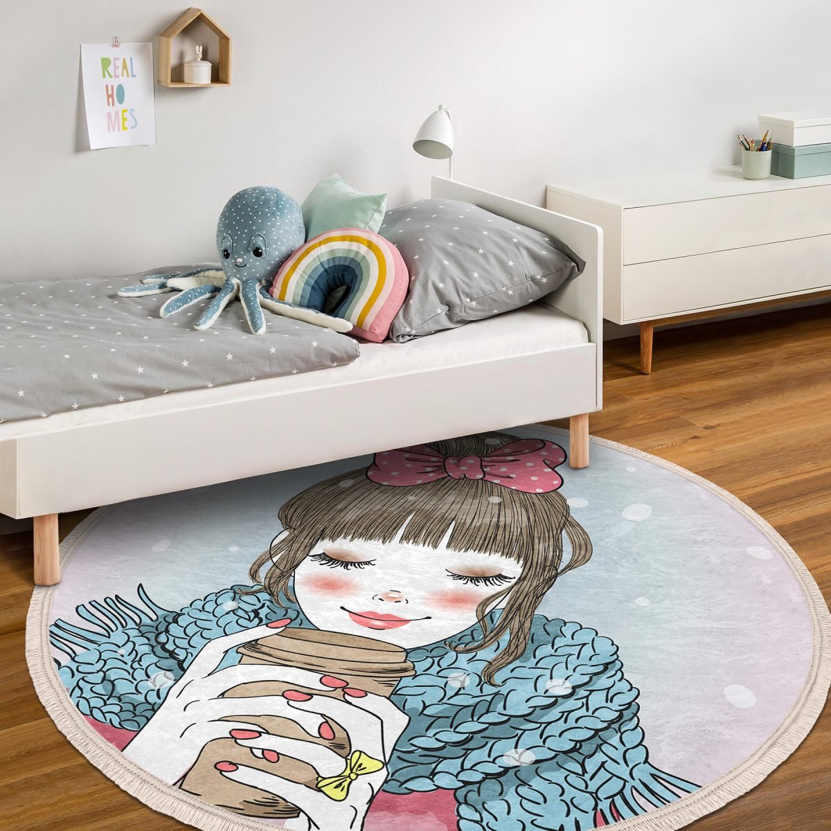 Fashion Girl Çocuk & Genç Odası Makinede Yıkanabilir Kaymaz Tabanlı Püsküllü Yuvarlak Çocuk Halısı Realhomes