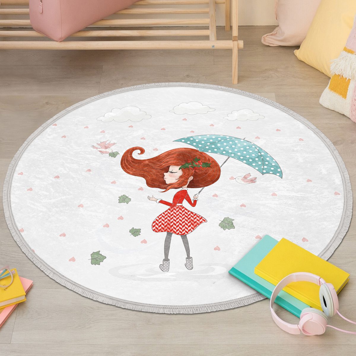 Fashion Girl Çocuk & Genç Odası Makinede Yıkanabilir Kaymaz Tabanlı Püsküllü Yuvarlak Çocuk Halısı Realhomes