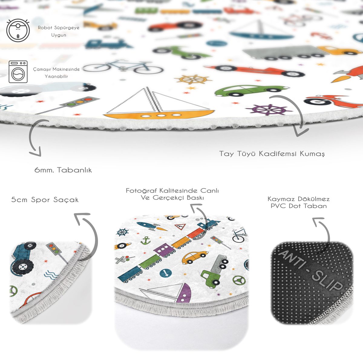 Araba Uçak Tren Oyuncak Desenli Çocuk & Genç Odası Makinede Yıkanabilir Kaymaz Tabanlı Püsküllü Yuvarlak Çocuk Halısı Realhomes