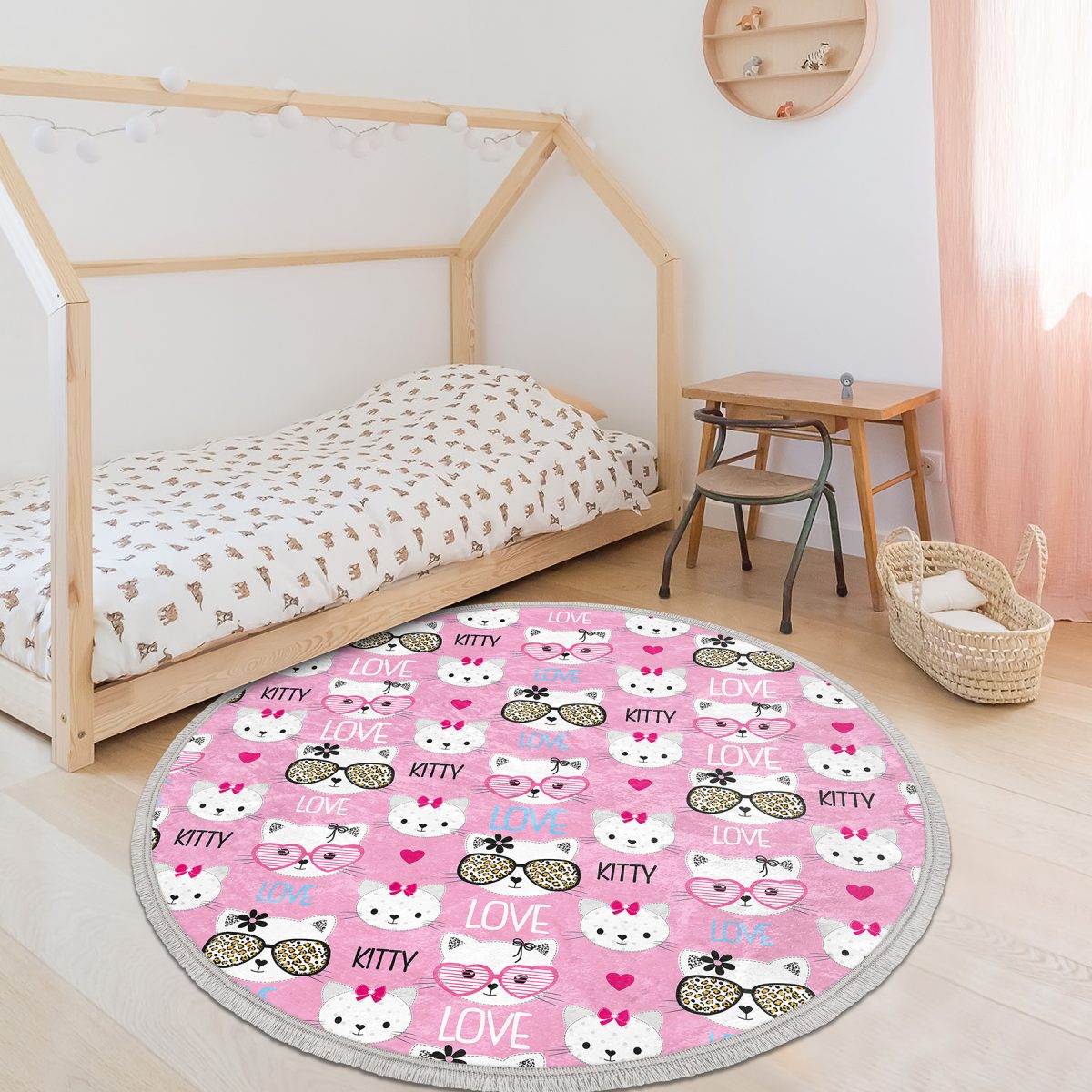 Hello Kitty Motifli Çocuk & Genç Odası Makinede Yıkanabilir Kaymaz Tabanlı Püsküllü Yuvarlak Çocuk Halısı Realhomes