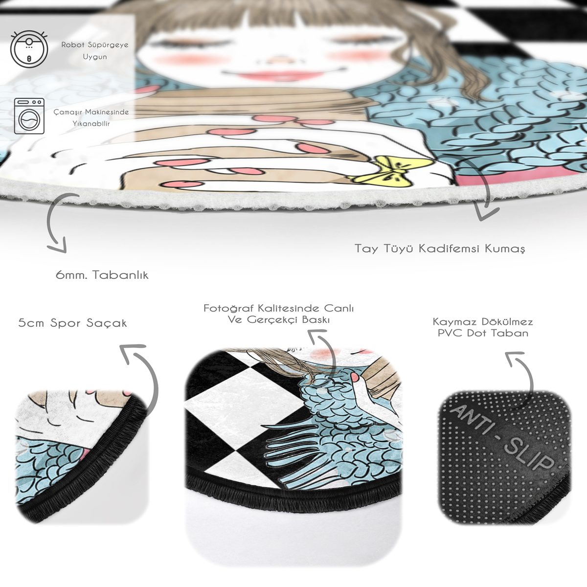 Dama Zeminli Kahve İçen Kız Motifli Çocuk & Genç Odası Makinede Yıkanabilir Kaymaz Tabanlı Püsküllü Yuvarlak Çocuk Halısı Realhomes