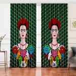 - Perde-5212-Gorsel - Realhomes  Realhomes Yeşil Zeminde Frida Kahlo Motifli Özel Tasarım Salon Fon Perde Realhomes