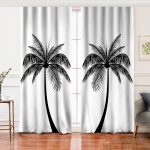 Realhomes Beyaz Zeminde Siyah Palmiye Desenli Özel Tasarım Salon Fon Perde Realhomes