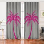 Realhomes Gri Zeminde Fuşya Palmiye Motifli Modern Salon Fon Perde Realhomes