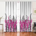Realhomes Beyaz Zeminde Gri Ve Fuşya Çiçek Dijital Baskılı Salon Fon Perde Realhomes