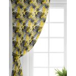 Realhomes Sarı Zemin Üzerinde Beyaz Ve Gri Yaprak Motifli Salon Fon Perde Realhomes