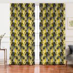 Realhomes Sarı Zemin Üzerinde Beyaz Ve Gri Yaprak Motifli Salon Fon Perde Realhomes