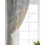 Realhomes Antrasit Zemin Üzerinde Gold Detaylı Çizim Desenli Dijital Baskılı Modern Salon Fon Perde Realhomes