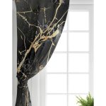 Realhomes Siyah Zeminde Gold Renkli Çizim Desenli Dijital Baskılı Modern Salon Fon Perde Realhomes