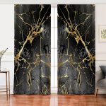 Realhomes Siyah Zeminde Gold Renkli Çizim Desenli Dijital Baskılı Modern Salon Fon Perde Realhomes