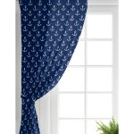 Realhomes Lacivert Zemin Üzerinde Çapa Desenli Dijital Baskılı Modern Salon Fon Perde Realhomes