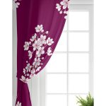 Realhomes Bordo Zemin Üzerinde Beyaz Renkli Çiçek Desenli Dijital Baskılı Modern Salon Fon Perde Realhomes